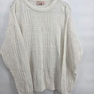 FOX COLLECTION vintage‎ Mens LG Knit Sweater white Textured Geometric Crew Neck